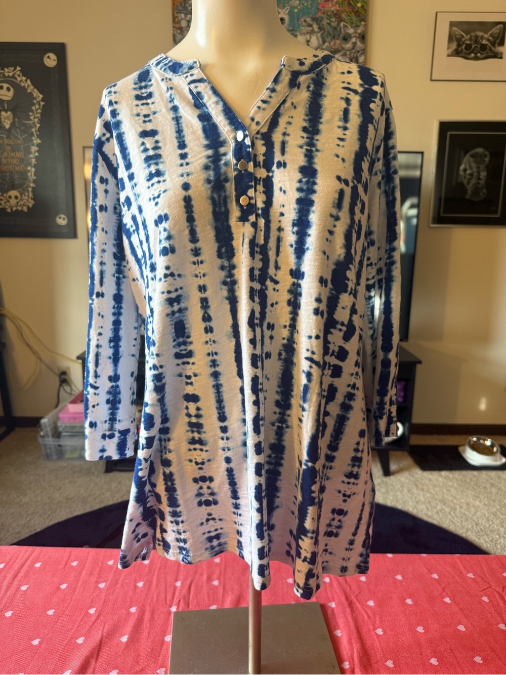 d&co. Blue and White Tie-Dye Henley Top